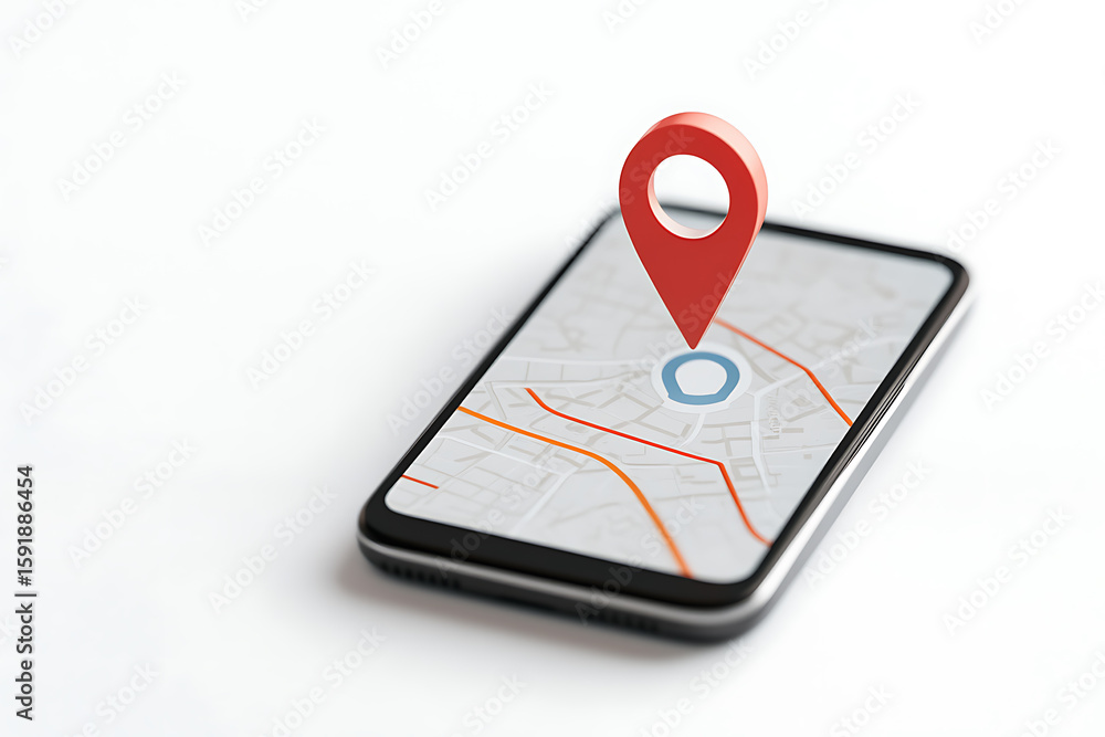 Poster digital navigation: a smartphone displays a map with a red pin, symbolizing location, direction, and