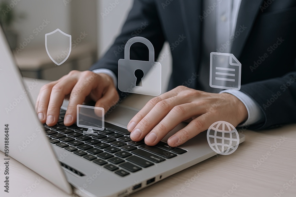 Poster businessman using laptop with security icons for data protection and cybersecurity.