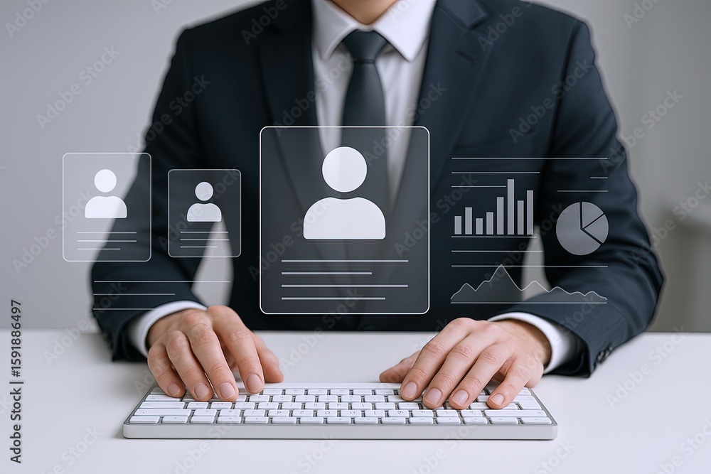 Poster business professional in formal suit managing digital profile and analytics on computer.