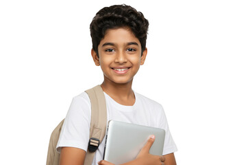 A smiling young boy with curly hair, carrying a laptop and backpack isolated on transparent background