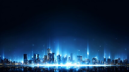 Futuristic glowing neon cityscape with high-rise buildings and vibrant technology lights on dark blue background representing modern digital urban innovation
