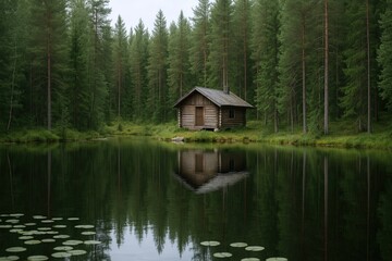Fototapeta premium Serene wooden cabin nestled by calm lake surrounded by lush green forest during daytime.