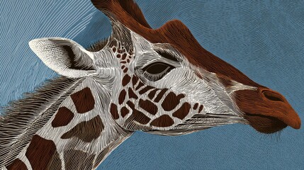 Close-up profile of a giraffe's head.  Detailed stylized pattern