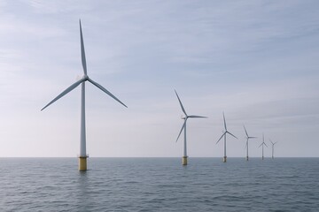 Long row of wind turbines extending across ocean horizon under cloudy sky.