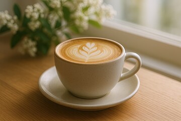 Obraz premium Close-up of a latte coffee with latte art in a ceramic cup and saucer on wooden table.