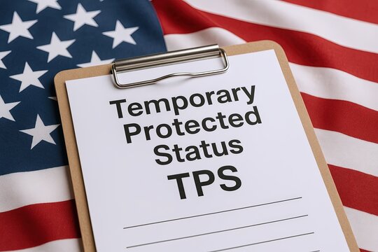 Close-up of a clipboard with a Temporary Protected Status TPS sign in front of an American flag background.