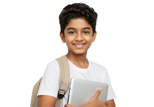 A smiling young boy with curly hair, carrying a laptop and backpack isolated on transparent background - Powered by Adobe