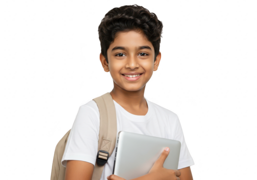 A smiling young boy with curly hair, carrying a laptop and backpack isolated on transparent background