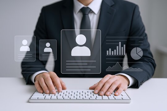 Business professional in formal suit managing digital profile and analytics on computer.