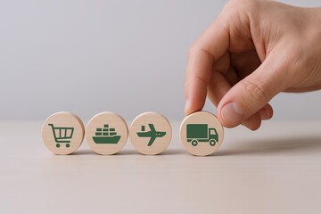 Hand rolling wooden blocks with transportation icons symbolizing shipping logistics and delivery process.