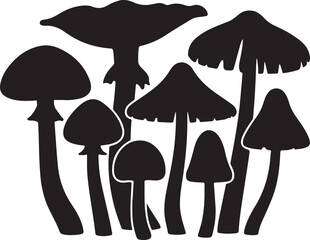 Diverse black mushroom silhouettes fungi nature