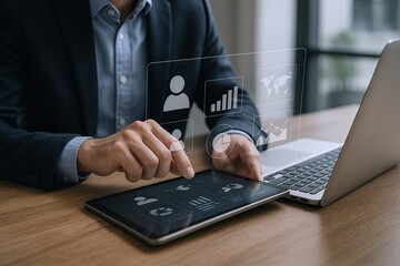 Business professional using digital touchscreen tablet for data analysis and presentation.