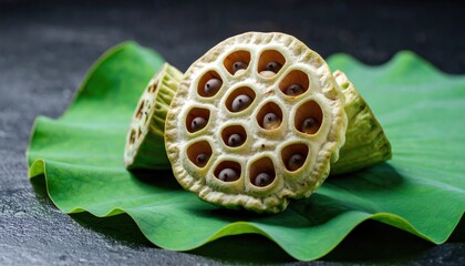 Lotus seed pod halves on large leaf