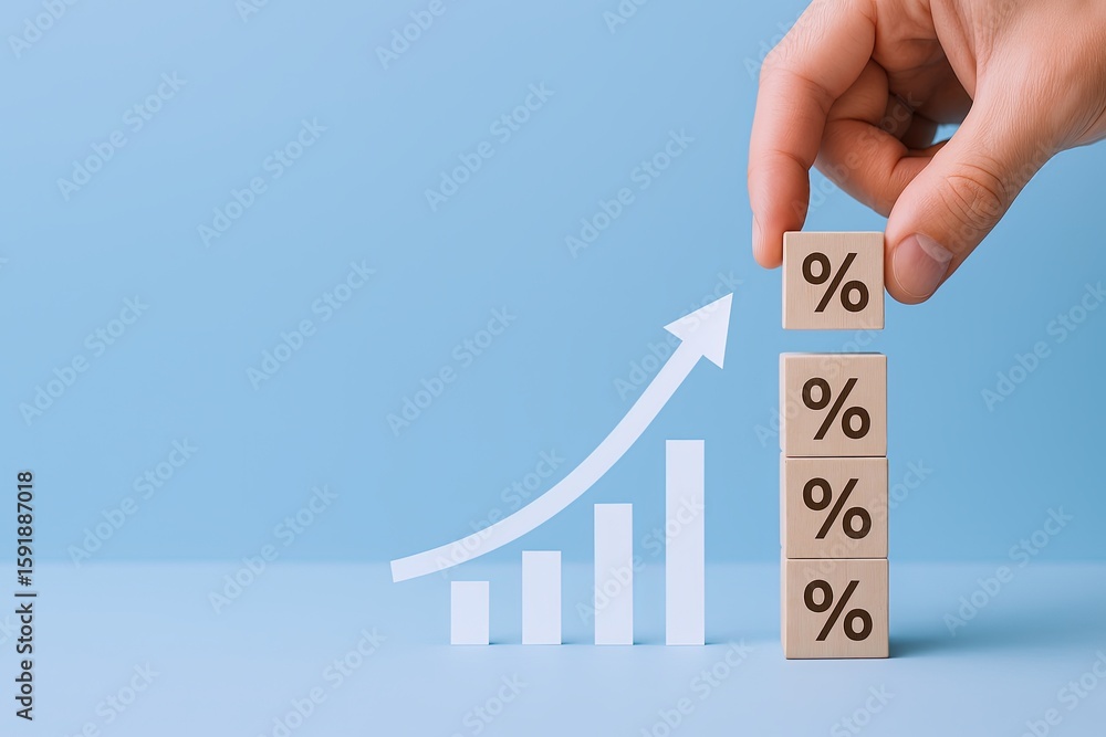 Poster hand stacking wooden blocks with percentage symbols next to a growing upward graph arrow.