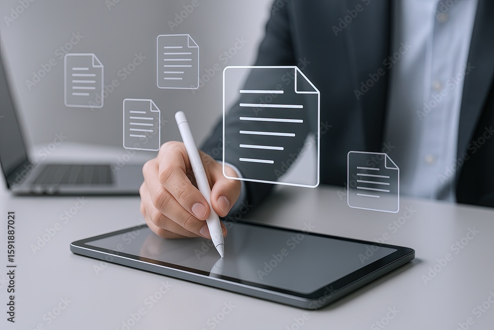 Poster business professional using digital tablet for document signing and data management.