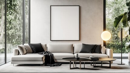 Modern living room interior design with neutral tones and natural light.