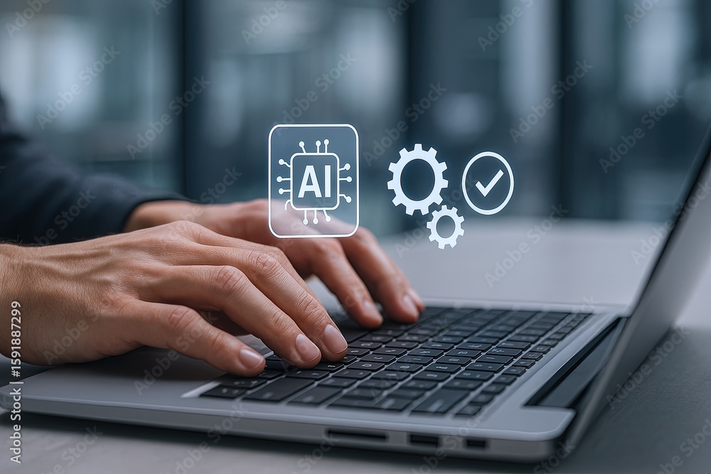 Poster close-up of hands typing on a laptop keyboard with ai and technology icons overlayed.
