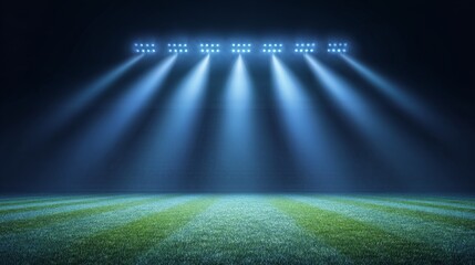 Digital football stadium with empty green grass field illuminated by blue spotlights at night, futuristic sport arena concept, 3D rendering background for broadcast, advertising or design template