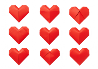 Nine red origami hearts arranged in a grid, symbolizing love and romance, isolated on white isolated on transparent background