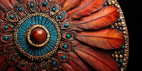 Close up of circular mosaic decorated with turquoise, red, and beige beads surrounded by red and turquoise feathers. Generative by AI.
