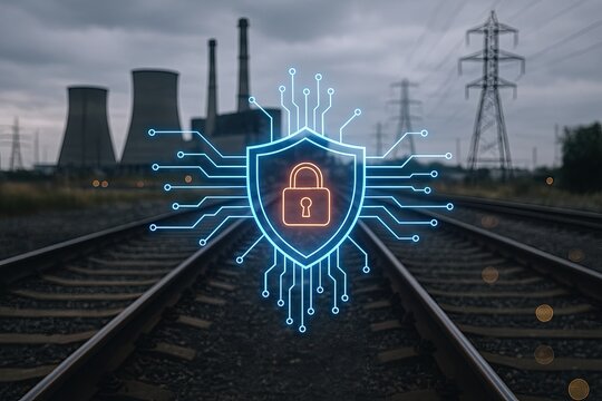 Industrial Power Plant Landscape with Digital Security Shield and Circuitry.