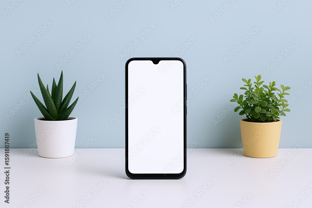 Poster modern smartphone with a blank screen placed between two potted plants on a minimal desk setup.