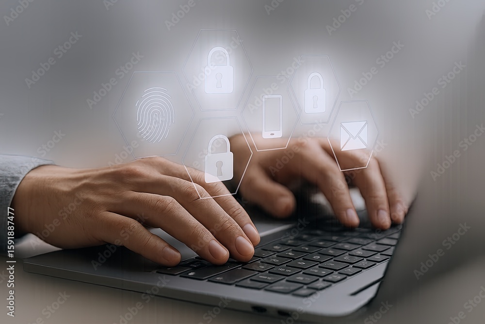 Poster close-up of hands typing on a laptop with digital security icons floating above.