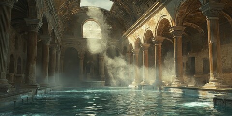 Interior of stone bathhouse with tall arches, columns, pool with clear water, and diffused light entering from roof. Generative by AI.