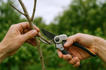 Hands Pruning Young Tree Branches with Garden Shears in a Lush Green Garden.