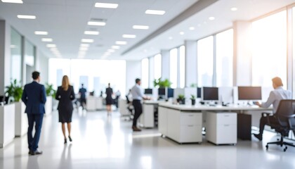Blurred office hallway with coworkers