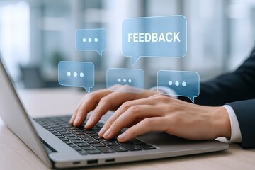 Modern workspace with hands typing on laptop and floating feedback speech bubbles.