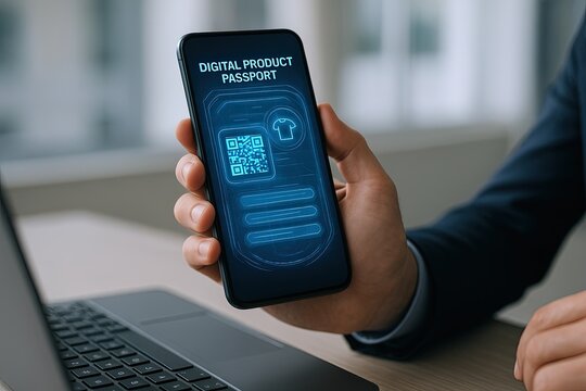 Modern digital product passport on smartphone screen showing QR code and security icons.