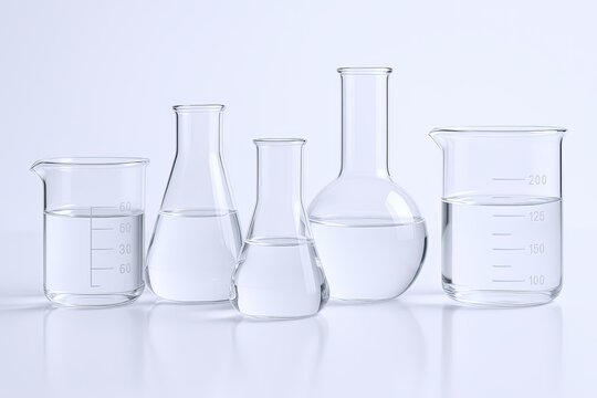 Clear glass laboratory beakers and flasks of various shapes and sizes on a white background.