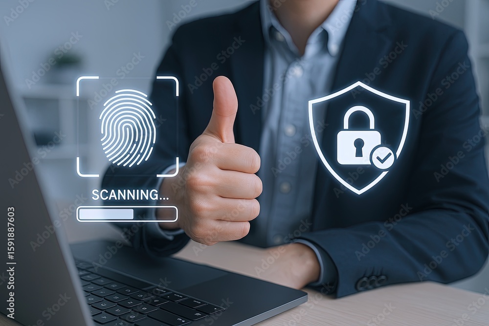 Poster businessman showing thumbs up gesture with fingerprint scan and security shield icons.