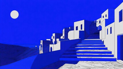 Coastal village at night, vibrant blue and white