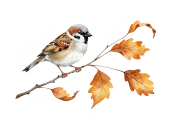A single sparrow perches on a branch with autumn leaves, isolated on a transparent background
