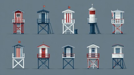 Collection of colorful beach watchtowers