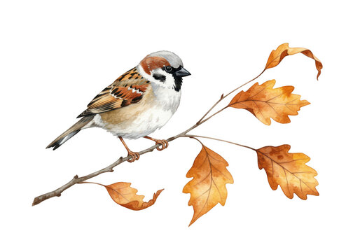 A single sparrow perches on a branch with autumn leaves, isolated on a transparent background