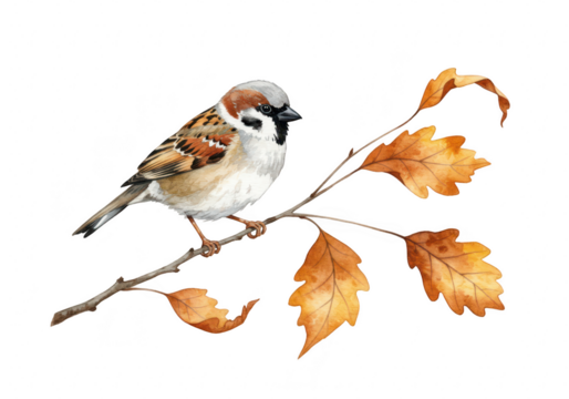 A single sparrow perches on a branch with autumn leaves, isolated on a transparent background - Powered by Adobe
