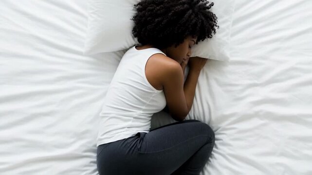 Top view of a young african american woman sleeping peacefully in a fetal position on a white bed, a concept for rest, relaxation, solitude and healthy sleep habits