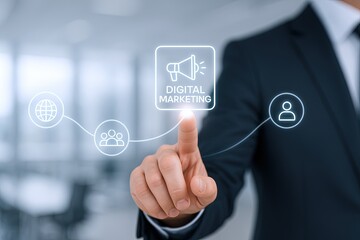 Obraz premium Businessman in formal suit pointing at digital marketing icon on futuristic hologram.