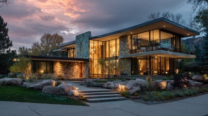 Obraz premium Stunning Mid Century Modern Home with Natural Stone Accents and Expansive Glass Walls Blends Seamlessly with its Lush Natural Surroundings