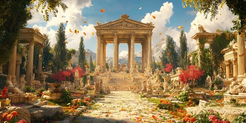 Ancient stone temple with tall columns overlooking cityscape at sunset with mountains in distant background. Generative by AI.
