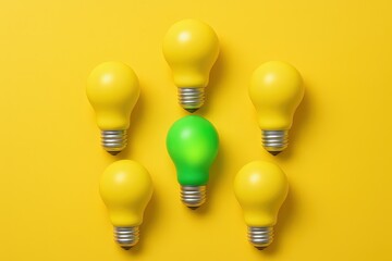Creative arrangement of six light bulbs on vibrant yellow background with modern design.