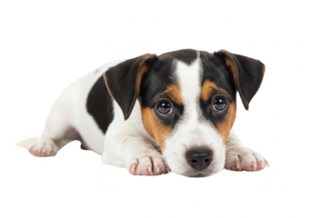 A cute jack russell terrier puppy lying down with its head resting on the floor, isolated on a transparent background
