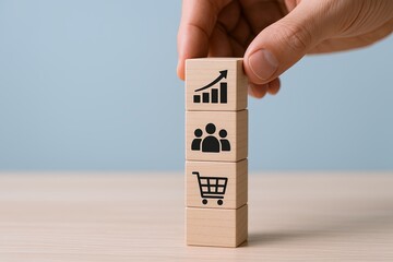 Hand stacking wooden blocks with growth chart business icons on gray background.