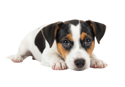 A cute jack russell terrier puppy lying down with its head resting on the floor, isolated on a transparent background