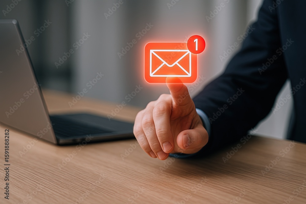 Poster close-up of a person's hand tapping a digital email notification icon on a computer screen.