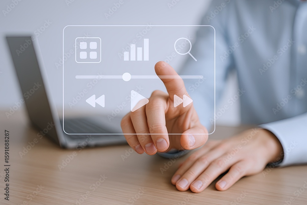Poster modern businesswoman using transparent digital interface with graphs and data on laptop.