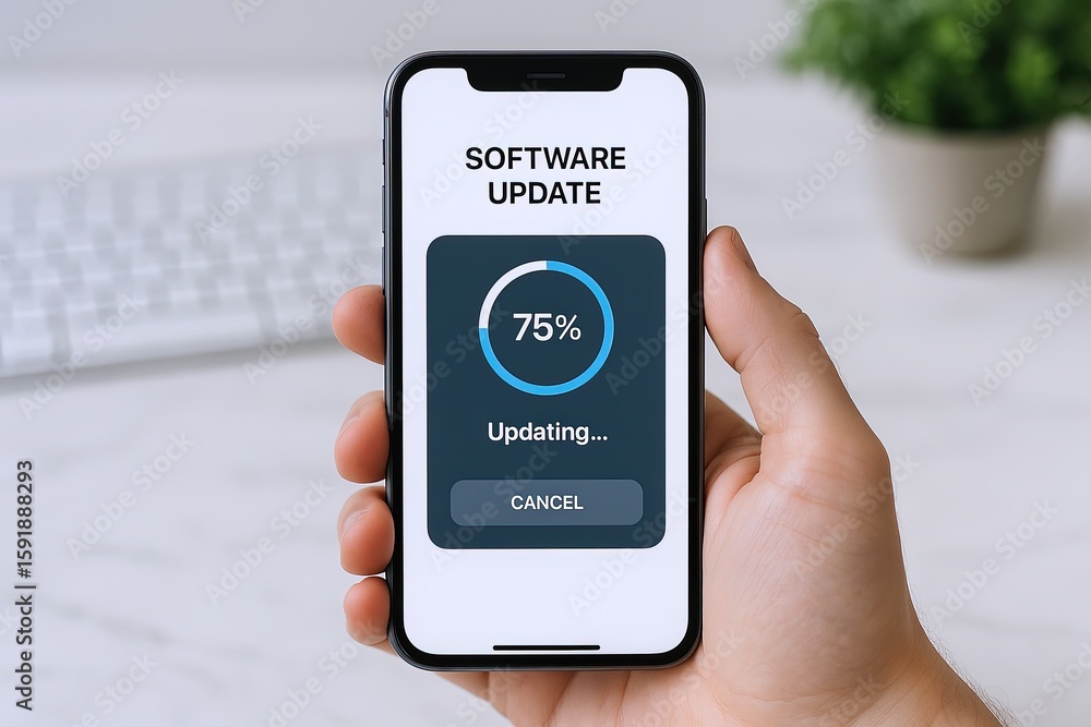 Poster smartphone displaying software update progress at seventy five percent on a modern device.